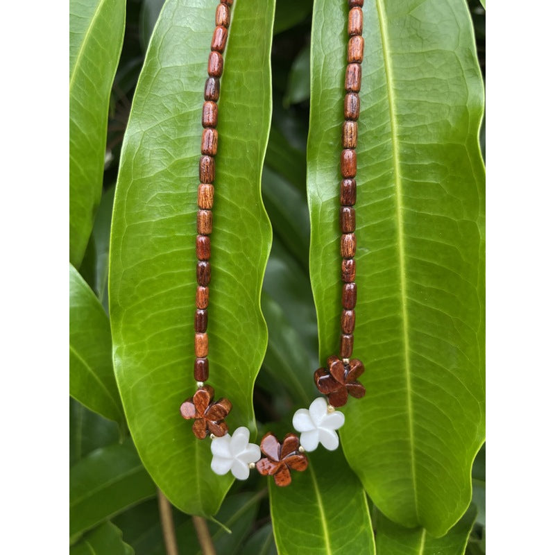 Hawaiian Koa & Bone Plumeria Necklace