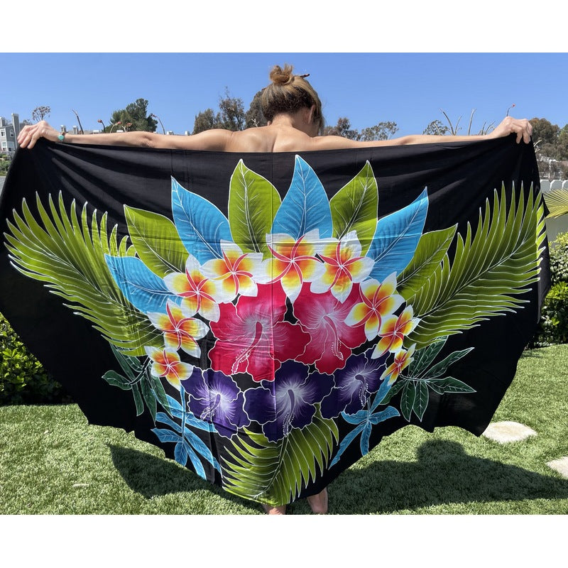 Plumeria and Hibiscus | Hand Painted Pareo Black