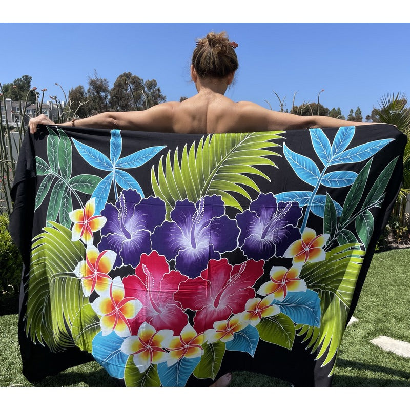 Plumeria and Hibiscus | Hand Painted Pareo Black