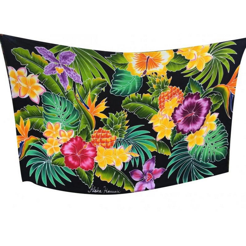 Hawaiian Pineapple and Flowers | Hand Painted Pareo Black