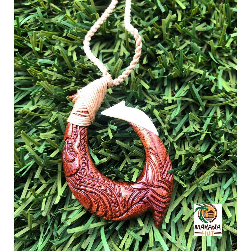Hawaiian Jewelry Manu Makau Style Resin Fish Hook Necklace with Hawaii Koa  Wood Bead