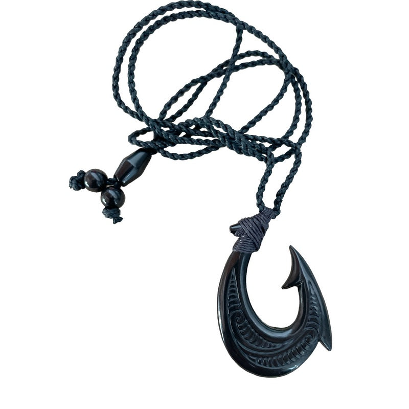 Black Jade Fish Hook Necklace