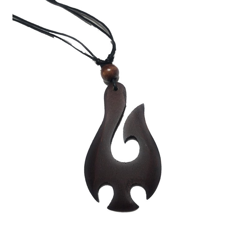 Large Fish Hook Pendant Macrame Necklace Hei Matau Hand Carved Black Wood,  Large 3 