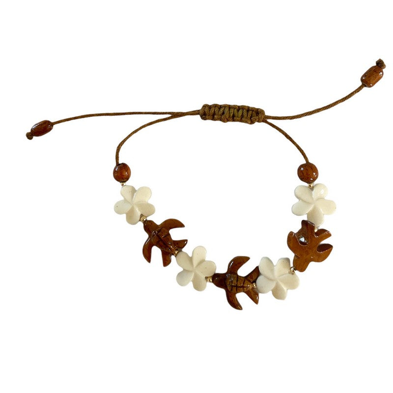 Koa Honu and Plumeria Flower Bracelet with Bone