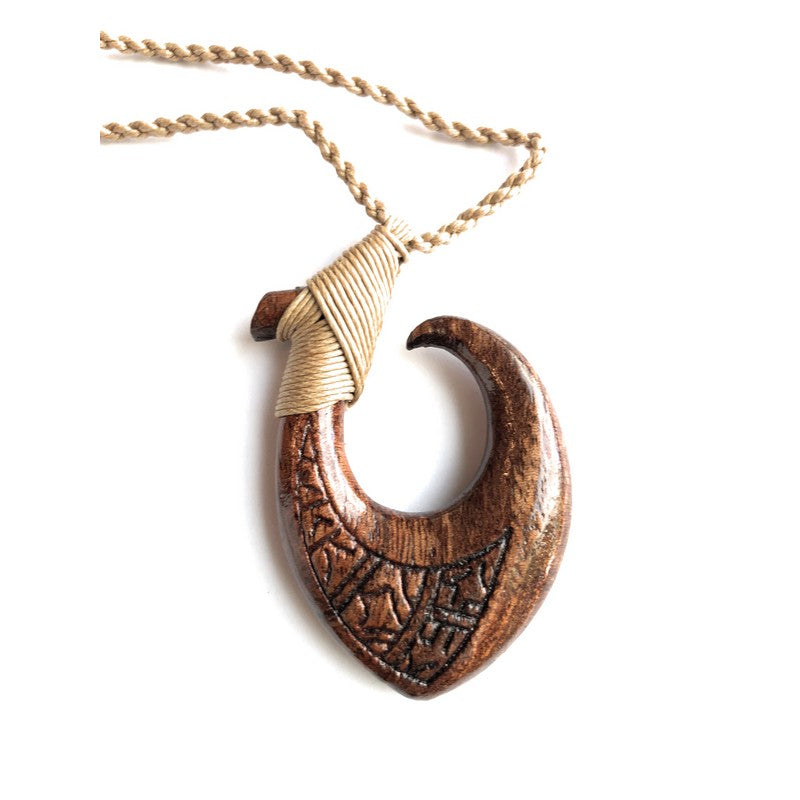 Hawaiian Jewelry Handmade LARGE Koa Wood Fish Hook Necklace From Maui Hawaii