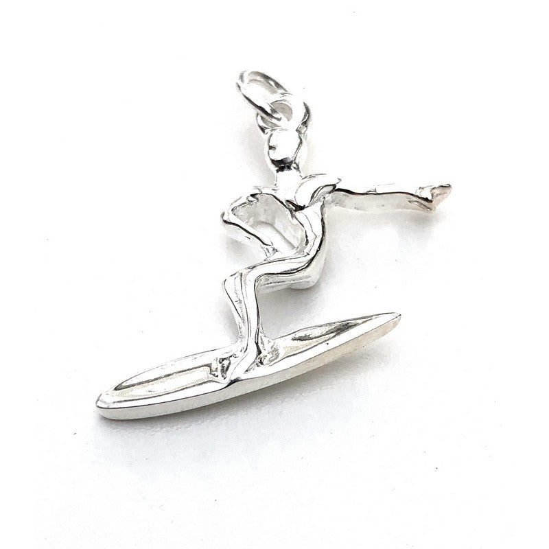 Surfer Girl Silver Keychain - Surfboard Pendant Charm, Hawaii Souvenir Gift