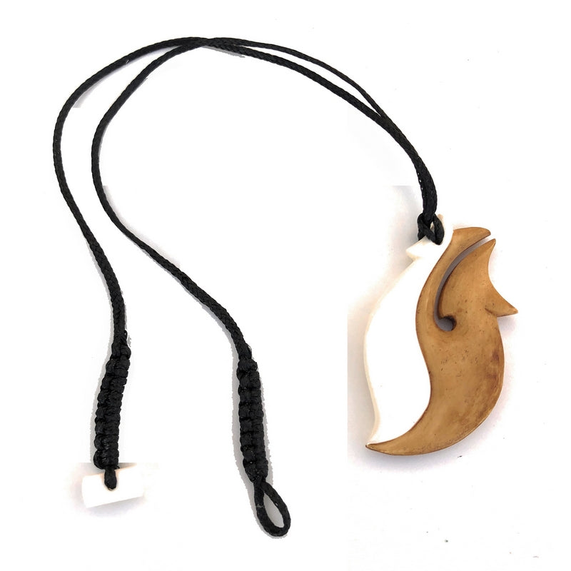 81stgeneration Maori Style Hei Matau Necklace - Hand Carved Bone Pendant -  Women's Men's Surfer Jewellery - Black Cord Hawaii Necklace with Bone Fish