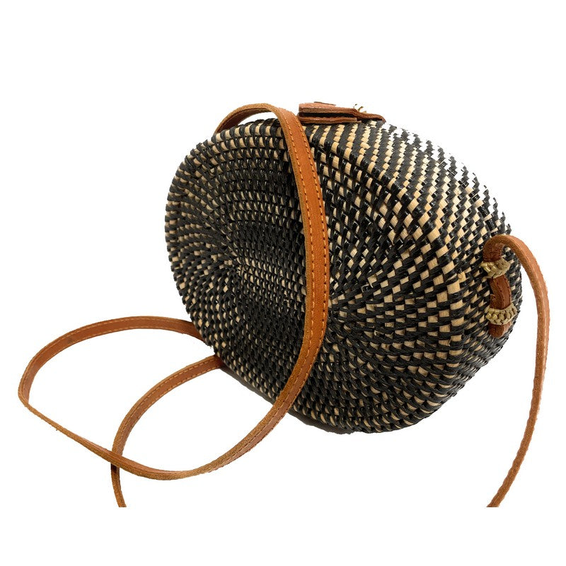 Black and Natural Oval Rattan Handbag