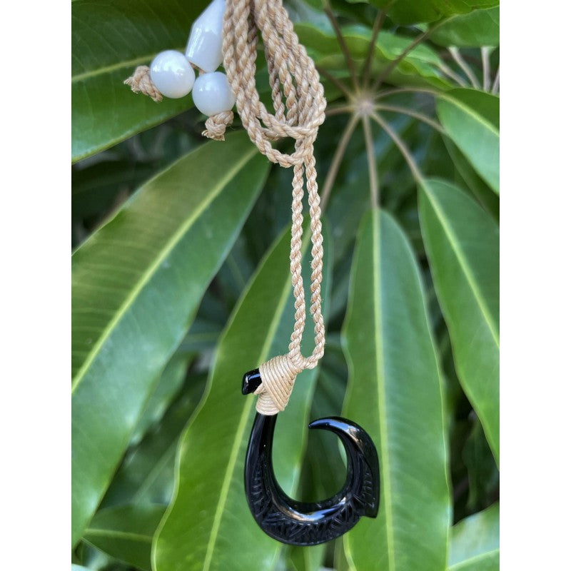 Black Bone Fish Hook with Carving Necklace 32x50mm