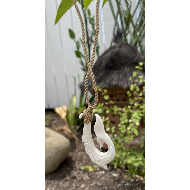 Buffalo Bone Fish Hook with Whale Tail Necklace 30x55mm
