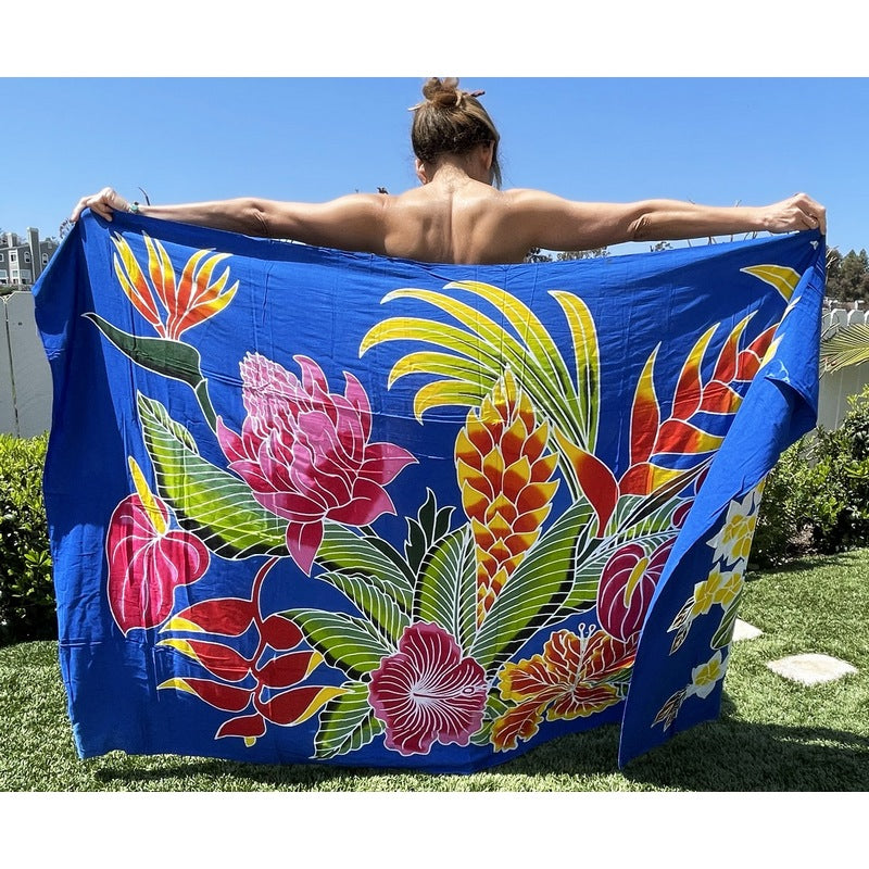 Hawaiian Flowers | Hand Painted Pareo Royal Blue