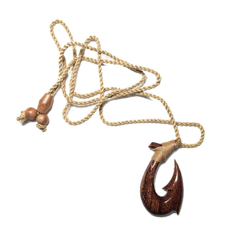 Hawaiian X-large Genuine Koa Wood Fish Hook Necklace, Sterling