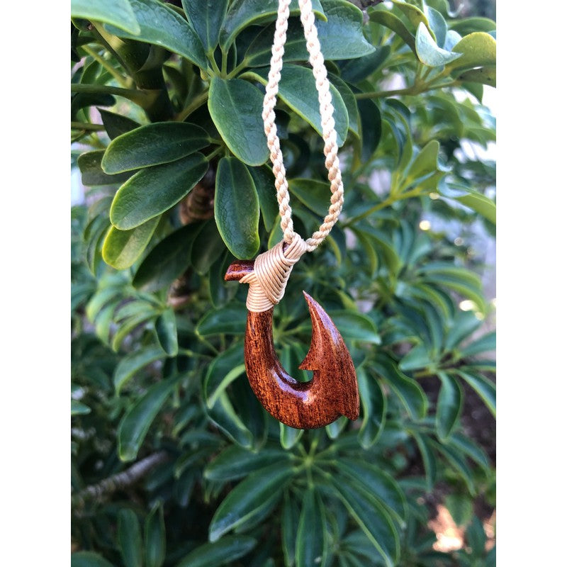 Hawaiian Koa Wood Fish Hook Necklace - Hand Carved Genuine Koa