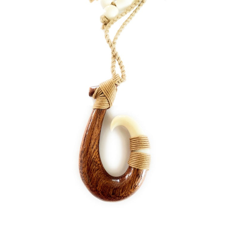 Hawaiian Jewelry Handmade LARGE Koa Wood Fish Hook Necklace From Maui Hawaii