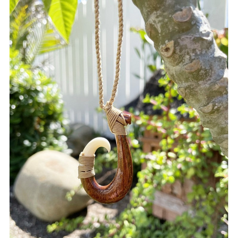 Koa Wood Fishhook Necklace and bone with adjustable braided cord