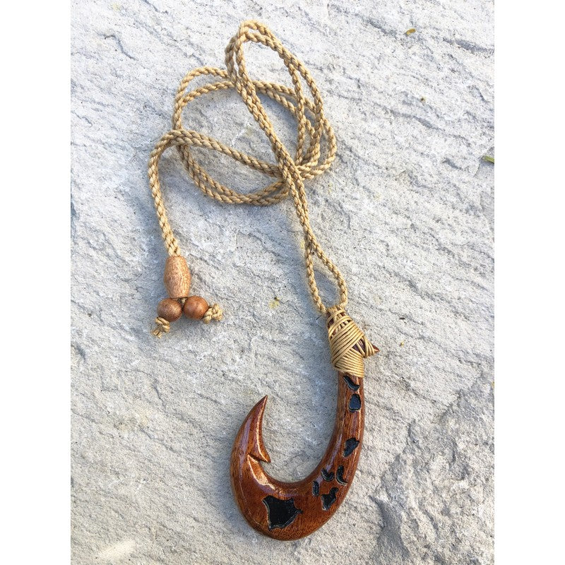 Hawaiian Jewelry Handmade LARGE Koa Wood Fish Hook Necklace From Maui Hawaii