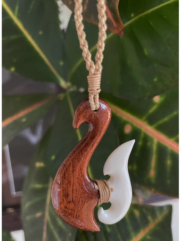 Koa and Bone Maori Fish Hook Necklace