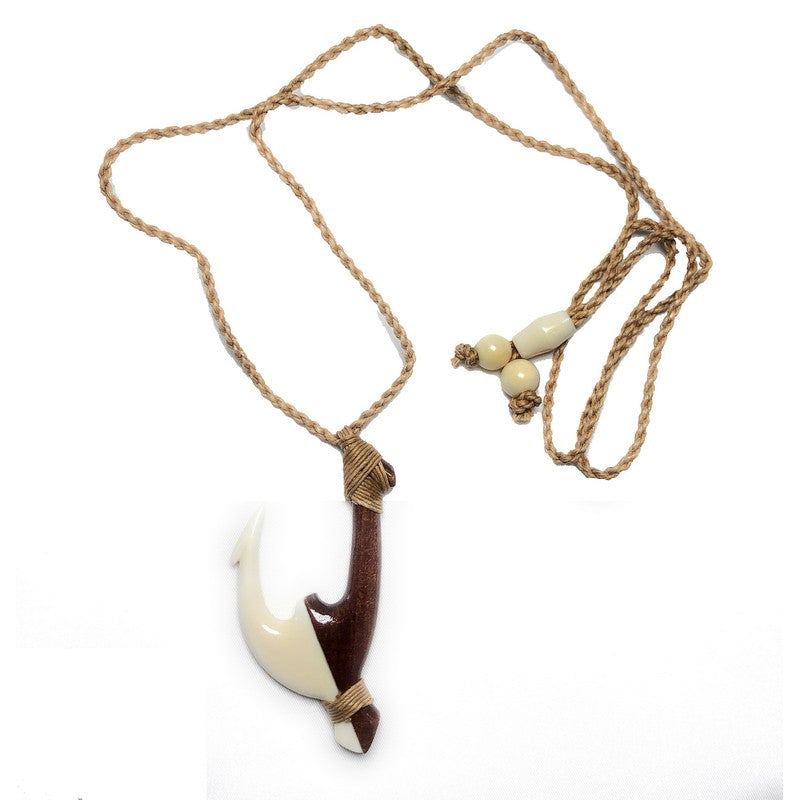 Wood & Bone Fish Hook Pendant Necklace from Leilanis Attic
