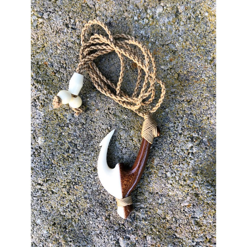 Unique Hawaiian Large Genuine Koa Wood Fish Hook Necklace, Hand Carved  Buffalo Bone 3D Fish Hook Necklace, N9404 Birthday Valentine Gift 