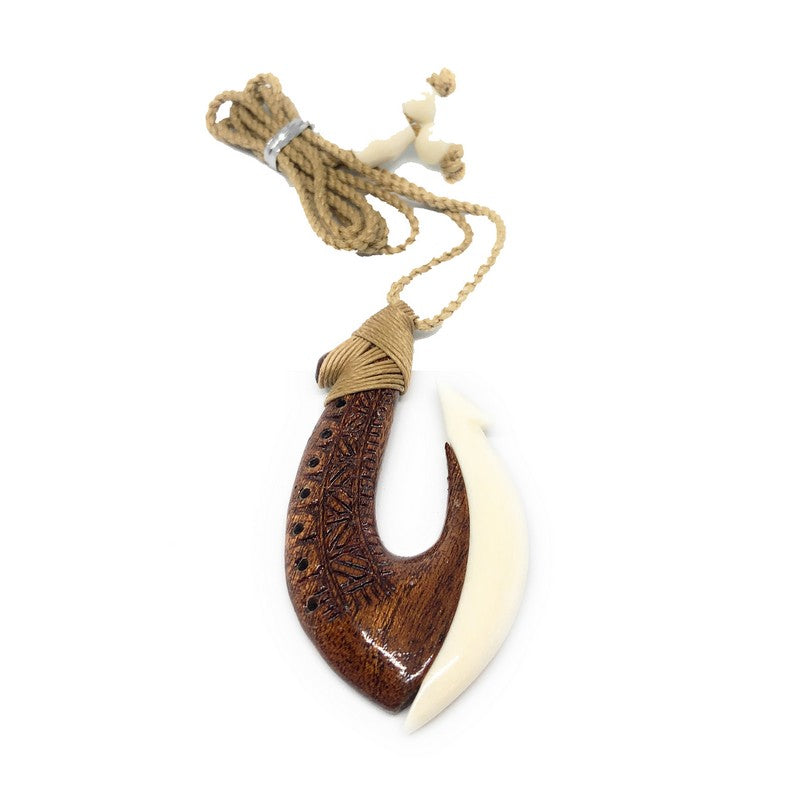 Seafaring Fisherman's Hook Makau with Koru Tip and Hand Engraved Triangles- Traditionally Hand Carved Solid Buffalo Bone Adjustable Pendant