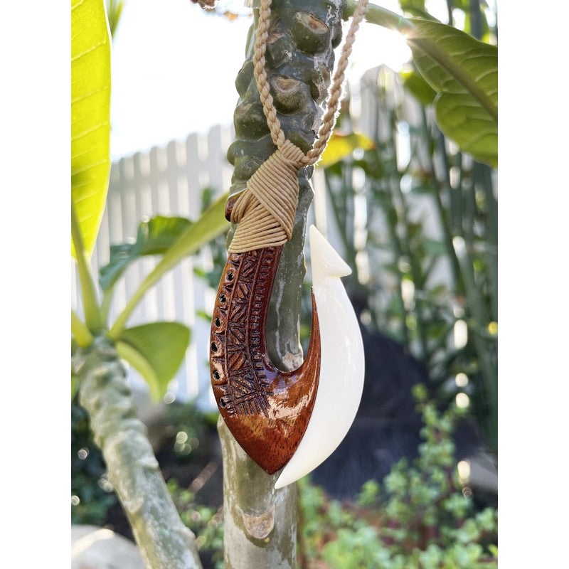 Koa and Bone Hawaiian Fish Hook with Engravings