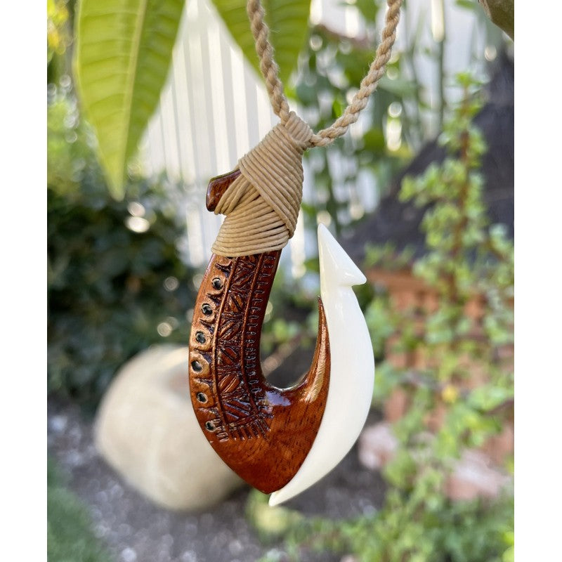 Koa and Bone Hawaiian Fish Hook with Engravings