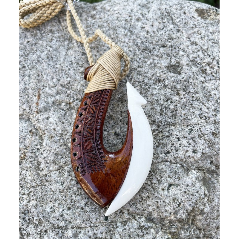 Koa and Bone Hawaiian Fish Hook with Engravings