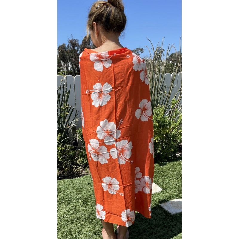 Black Hawaiian Sarong - Orange Hibiscus Flowers - Holley Day