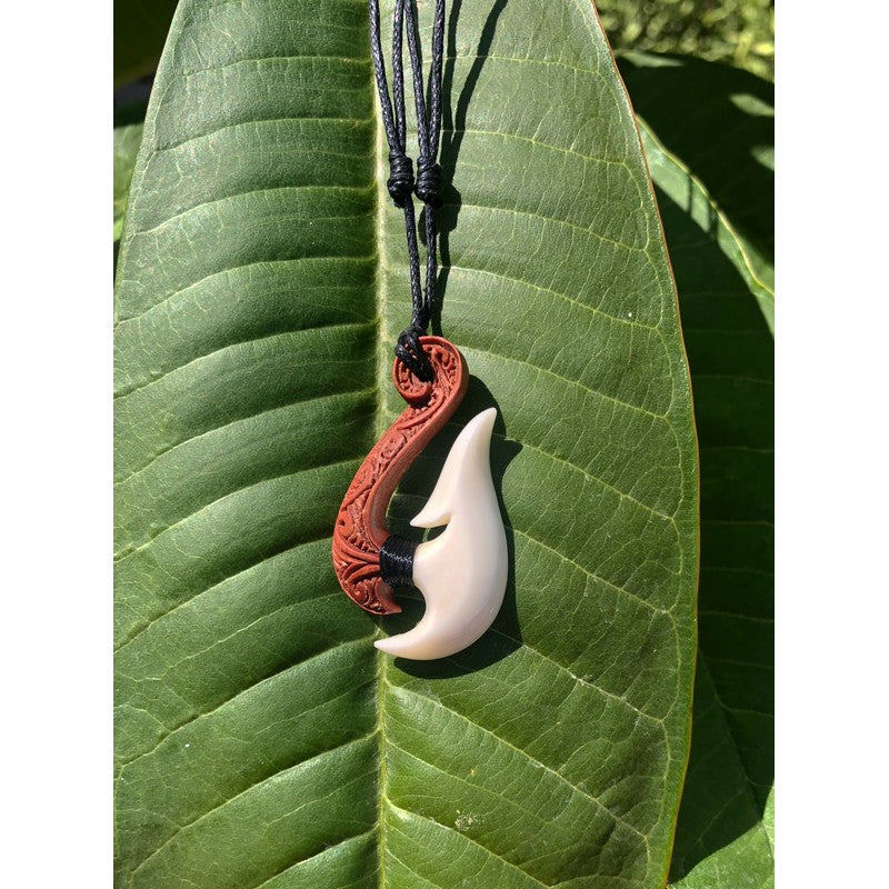 Hawaiian Maui Makau Traditional Native Fish Hook Necklace Pendant. Wood and Bone Carved.