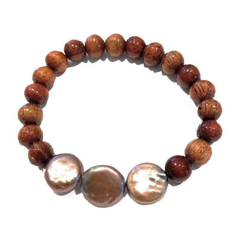 Koa and Chocolate Coin Fresh Water Pearls Stretch Bracelet