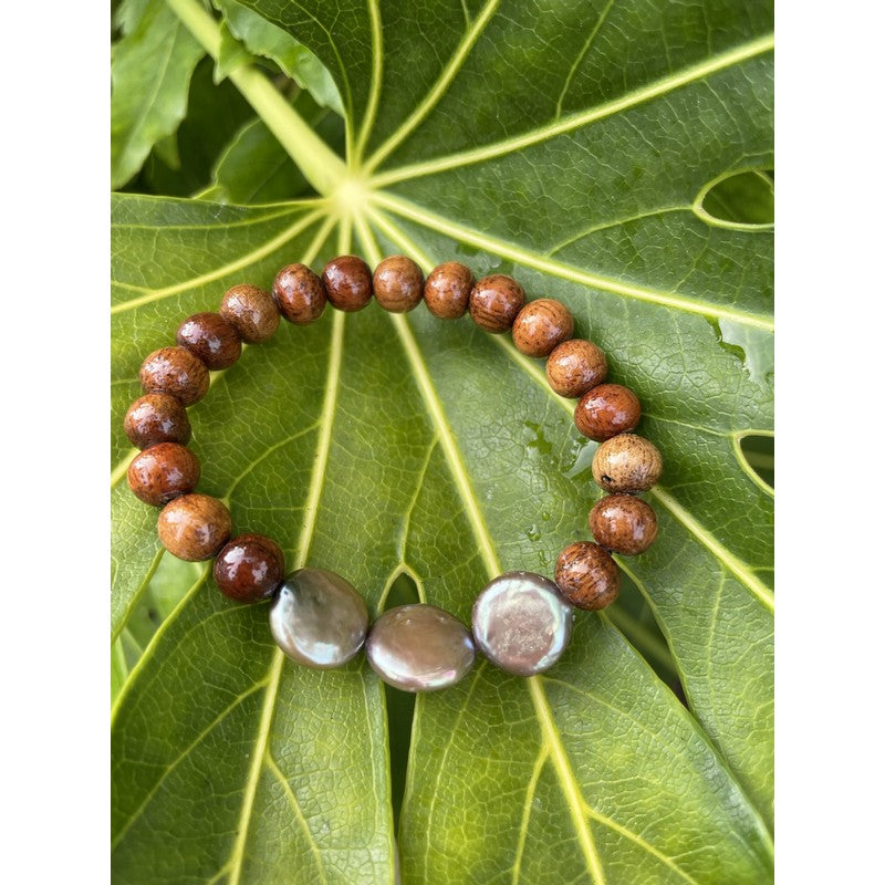 Koa and Chocolate Coin Fresh Water Pearls Stretch Bracelet