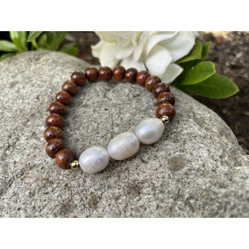 Koa and Fresh Water Pearls Stretch Bracelet