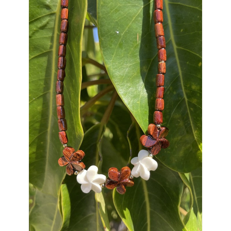 Hawaiian Koa & Bone  Plumeria Necklace
